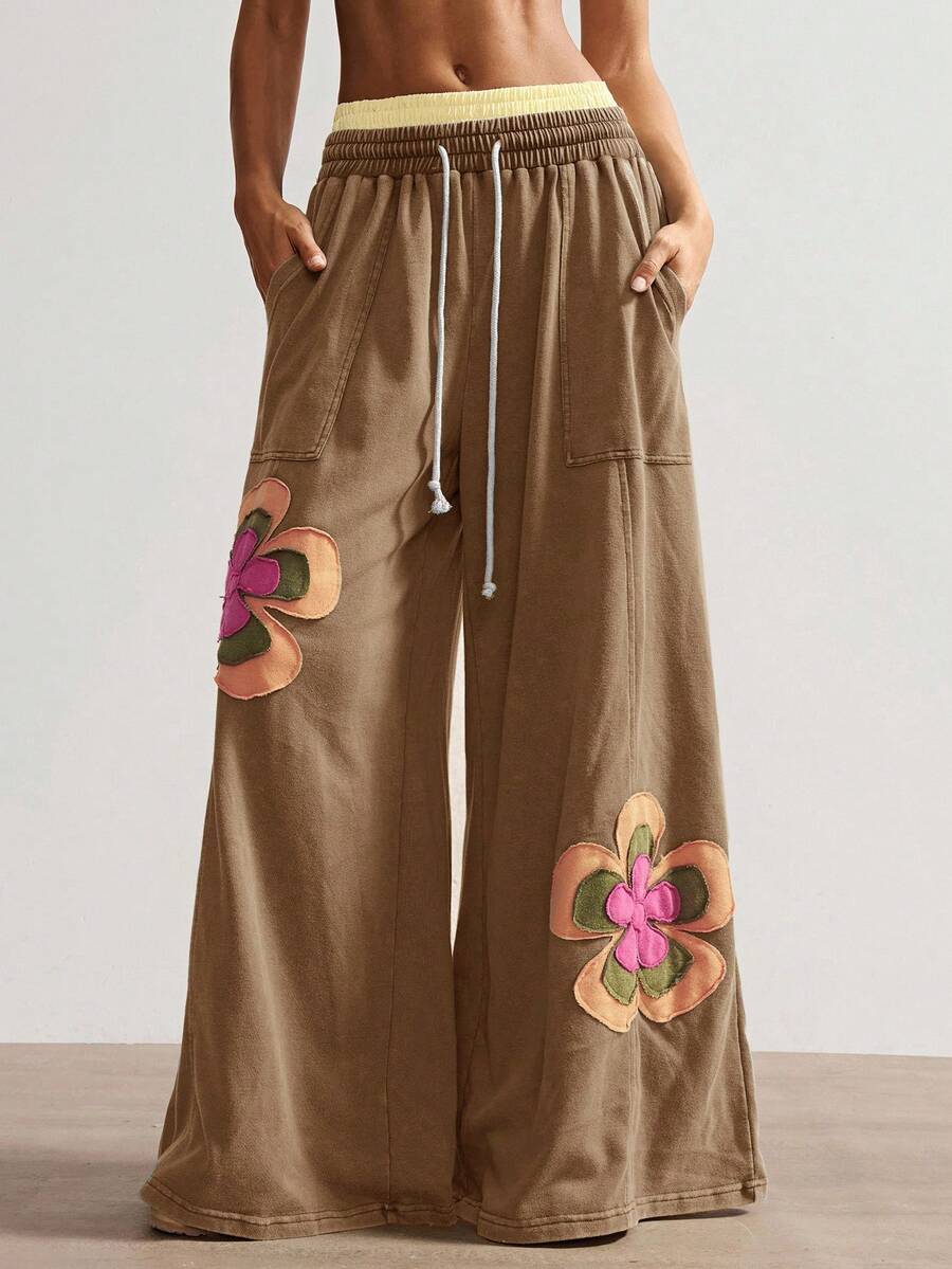 Bohemela Women's Casual Knit Patchwork Loose Wide Leg Pants - Brown - View 1