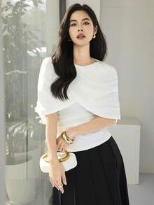 Heiryn Áo choàng nữ thanh lịch kiểu dáng poncho, xếp ly, cổ cao, thích hợp cho việc đi làm. - trắng - Xem 1