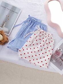 SHEIN 女士两件套睡衣套装 - 泡泡条纹爱心印花短裤，带仿纽扣，休闲款 - 彩色 - 查看 5