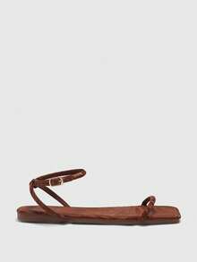 CUCCOO BIZCHIC Square Toe Minimalist Strap Flat Sandals For Women, Simple Fashion Commute Outdoor Summer Vacation Footwear Summer Shoes - Aurora Brown - View 9