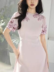 Heiryn Women's Elegant Commuter Floral Embroidery Mini Dress Pink Dress Korean Dress Elegant Dress - Pink - View 5
