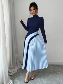 Elenzga Color Block Ruched Sexy Women Dress Fall Cloth For Women - Navy Blue - View 6