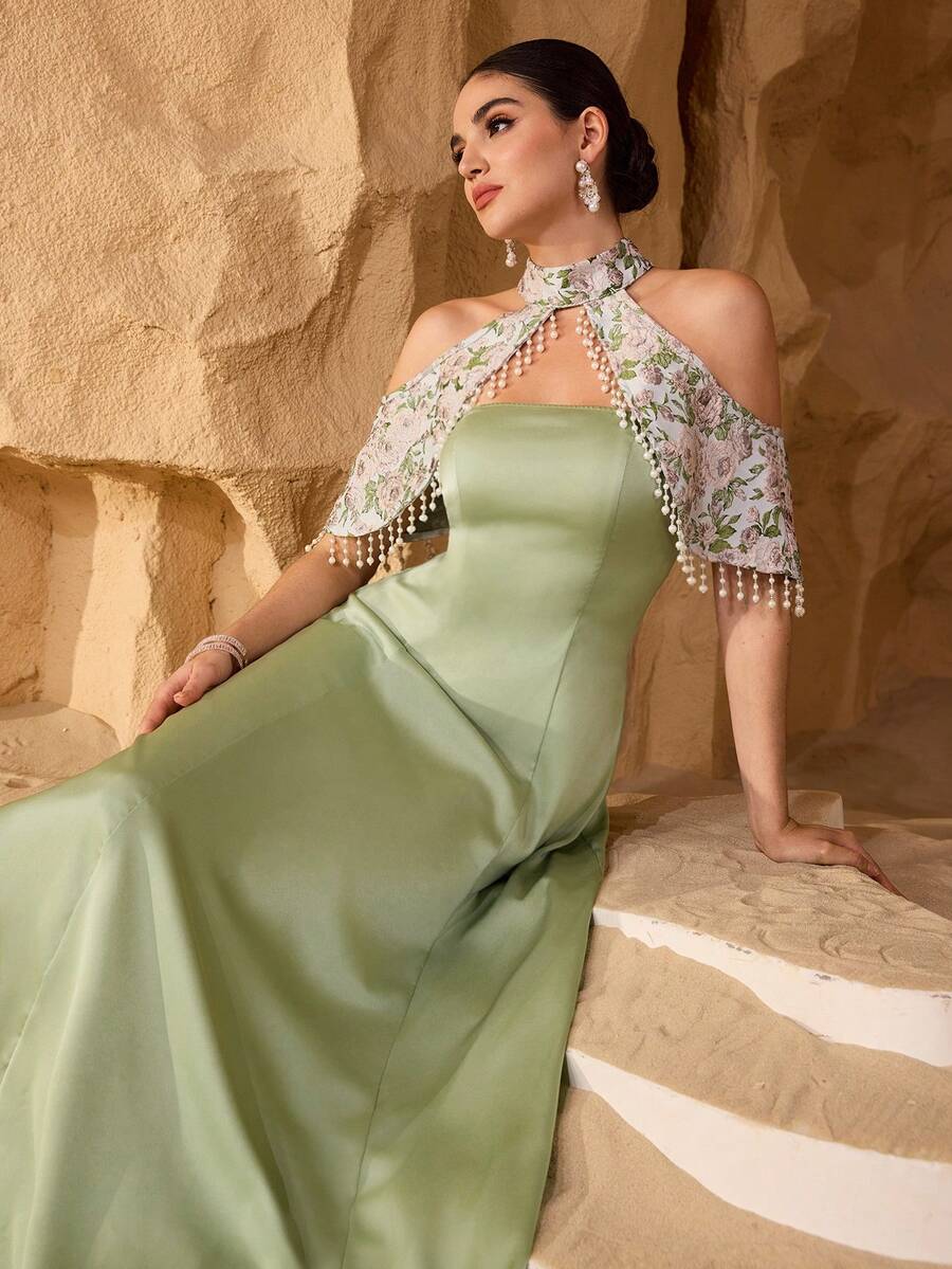 Al Najma 复古花卉珍珠流苏露肩优雅连衣裙,正式派对礼服 - 綠色 - 查看 1