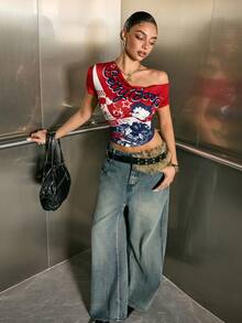 Betty Boop x SHEIN Women's Casual Fashionable Street Cartoon Letter Print Asymmetrical Neck Fitted Cropped T-Shirt, Summer