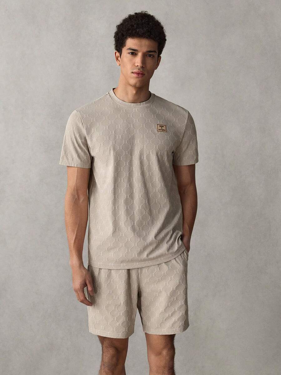 SWAVVY Men's Summer Casual Solid Color Jacquard T-Shirt And Shorts Set Earthy Clothes Men Tan Graphic Tees Men - Apricot - View 1