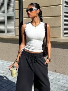 Muchica 女士白色针织抽绳修身吊带背心