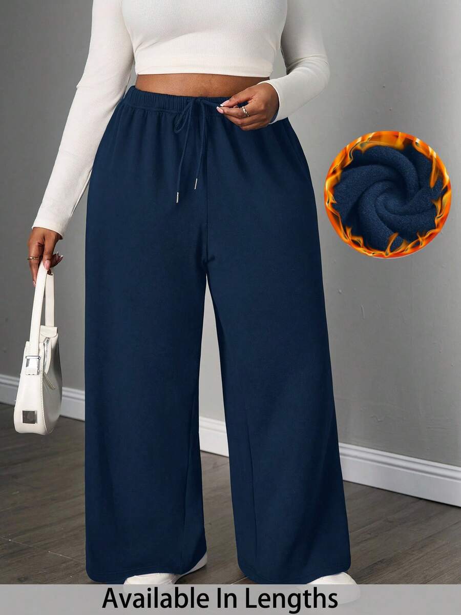SHEIN PETITE CURVE 大码女式简约前系带宽松运动裤，休闲日常秋冬款 - 寶藍色 - 查看 1