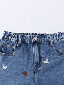 SHEIN Quần jeans ống rộng dáng suông phong cách Y2K dành cho bé gái tuổi teen, thêu hình trái tim, thích hợp cho đi chơi hàng ngày, đi học, đi làm và mùa tựu trường. - Rửa trung bình - Xem 3
