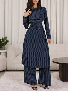 Veilorie 女士通勤时尚条纹收腰长款上衣和长裤阿拉伯风格套装 - 彩色 - 查看 6