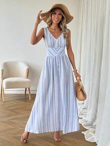 SHEIN LUNE 女士休闲条纹无袖连衣裙，春夏日常基本款 - 藍白色 - 查看 4
