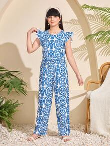 女童休闲时尚配色连体裤，轻便百搭，适合户外活动、旅行、校园生活、日常穿着，春夏皆宜。 - 藍色 - 查看 4