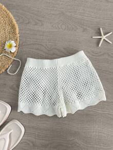Sweetra 女士时尚可爱性感沙滩镂空樱桃针织毛衣短裤套装，夏季 - 白色 - 查看 2