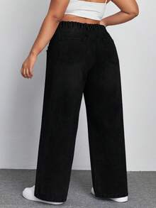 SHEIN ICON 大码女式休闲纯色直筒牛仔裤 - 黑色 - 查看 2