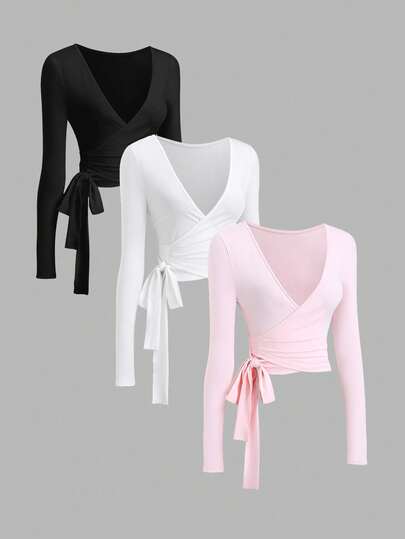 Sweetra Nuevo conjunto elegante de 3 piezas de estilo europeo y americano, con camiseta de manga larga, cuello en V con lazo y corte cropped, de unicolor, ideal para uso casual, deportivo y de fitness, de tela elástica y suave, para mujer, para primavera/verano