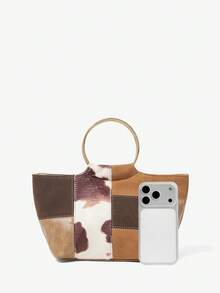 Maija 女士手提包，复古风，经典款，五金手柄，PU拼接，时尚优雅，简约百搭，个性十足，经典百搭，适合通勤、办公、约会、日常、购物、下午茶等场合。 - 彩色 - 查看 5