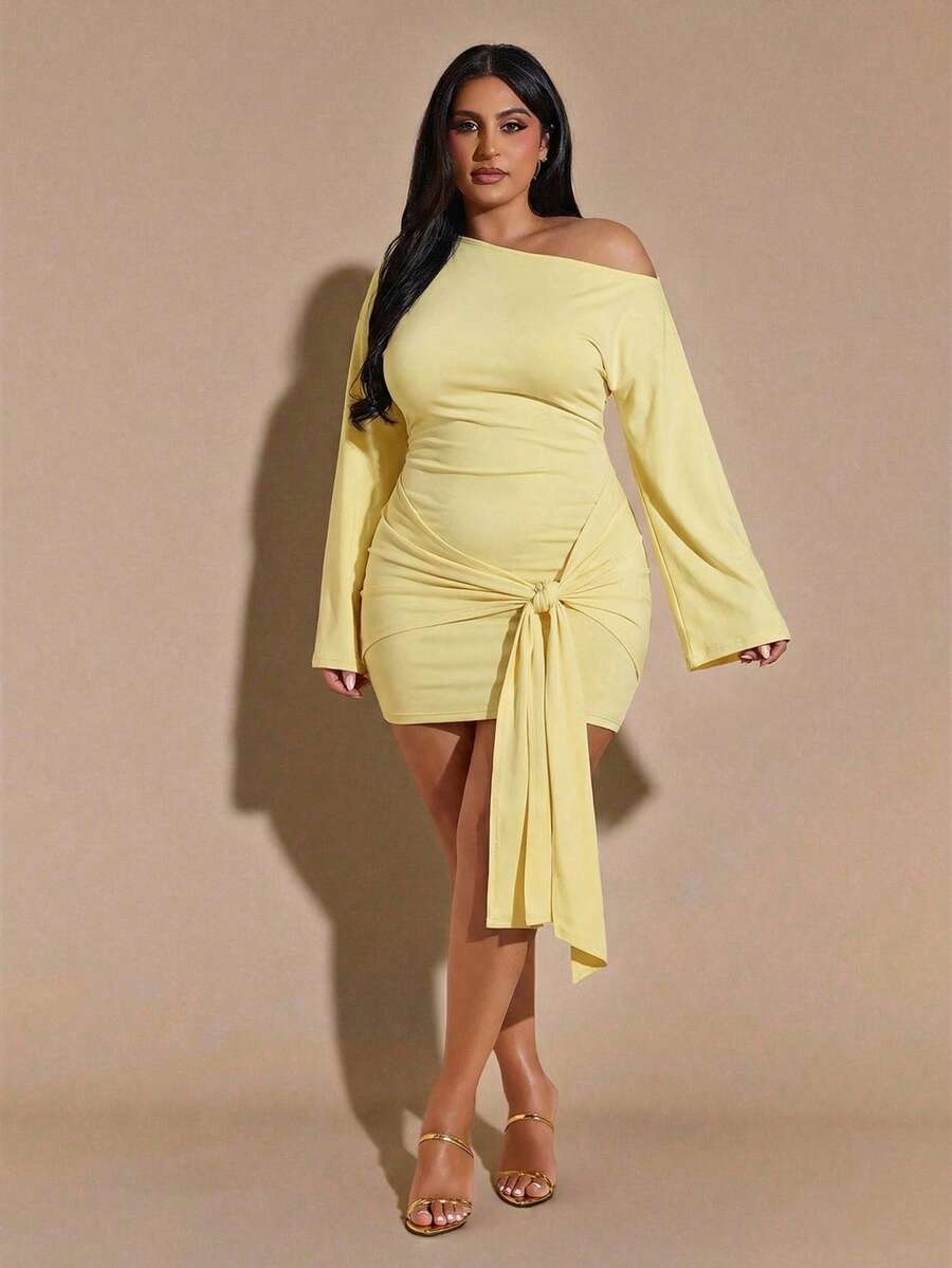 SHEIN BAE Plus Size Women Elegant Solid Color Asymmetric Shoulder Tie Bodycon Dress - Yellow - View 1