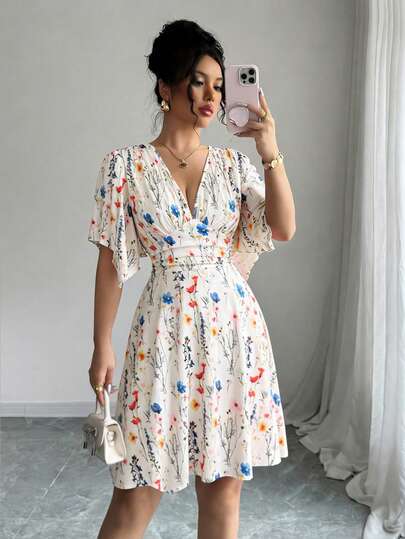 Elenzga New V-Neck Ruched Bust Ruffled Sleeve Waist Cinched Elegant Ditsy Floral Mini Dress For Women