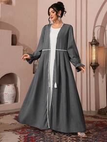 Al Najma Women's Elegant Ribbon Patchwork Tie-Up Gray Robe - Grey - View 9