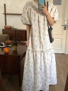 FRIFUL 女士夏季度假风印花泡泡袖荷叶边下摆连衣裙波西米亚风 - 白色 - 查看 3
