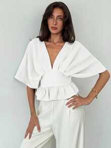 Aloruh 女士优雅纯色蝙蝠袖收腰上衣，夏季 - 白色 - 查看 6