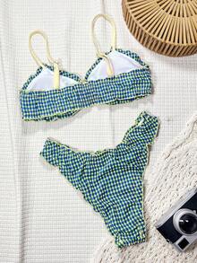 Bonvoyette-D 夏季黄蓝格子提花面料荷叶边圆环装饰女士休闲可爱沙滩比基尼泳装套装 - 彩色 - 查看 3