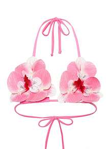 Swim SXY 新款性感3D兰花吊带系带露背短款比基尼上衣，适合海滩度假（随机花朵图案） - 粉色 - 查看 3