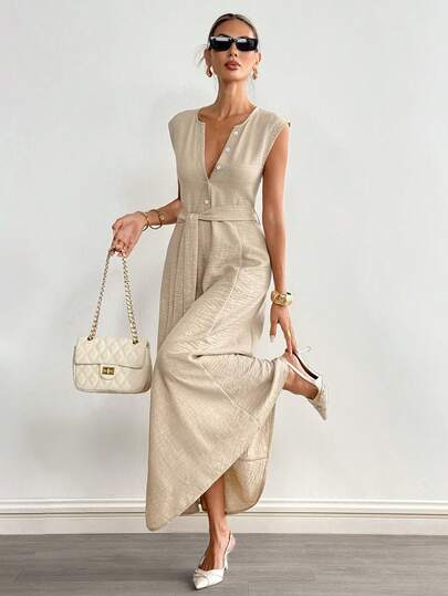 Siren Gaze Đầm sơ mi không tay màu trơn bằng vải lanh dành cho nữ, có thắt lưng, kiểu dáng cài cúc phía trước.