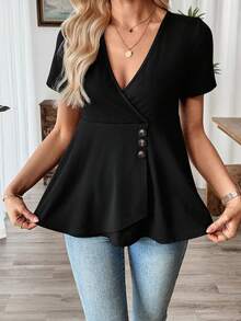 SHEIN LUNE Top à manches courtes col V couleur unie affinant la taille pour femmes - Noir - Voir 4