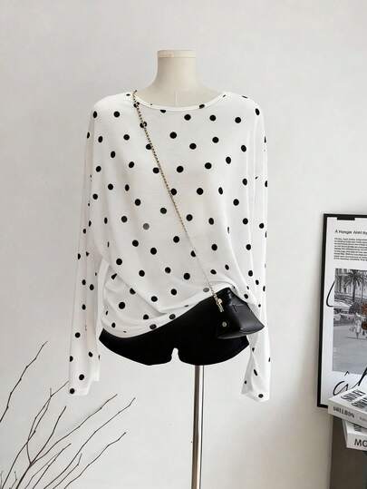 Lalippa Women's Casual Outdoor Wear Top, Sexy & Comfortable, Versatile Design, White Color, Polka Dot All-Over Print, Criss-Cross Back Detail, Suitable For Back To School Season