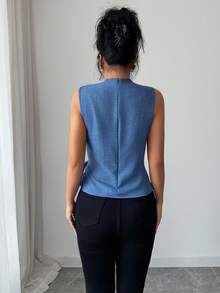 Elenzga Áo kiểu nữ không tay xếp ly vạt bất đối xứng, chất liệu giả denim, cổ cao, kiểu dáng thanh lịch, áo sơ mi xanh thời trang cho mùa xuân/hè. - Màu xanh lam - Xem 2