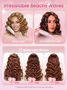 SHEGLAM HAIR 丘比特魅力沙灘寶貝捲髮棒 - 19mm 美規插頭，離子捲髮器，雙管捲髮棒，防燙設計，5000萬離子，10分鐘快速捲髮，智能定時器和可調節溫度，女士易用美髮工具