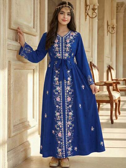 SHEIN Teen Girls Blue Modest Casual Vacation Elegant Retro Floral Print Long Sleeve Arabic Style Dress, Modest Kaftan, Dignified Full Length Jalabiya, Casual Long Sleeve Dress Royal Blue Dress For Girls Teen Girls Navy Blue Abaya Girls Islamic Dresses Teen Modest Dress