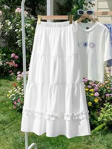 Girls' White Umbrella Skirt With Voluminous Hem, Long Length, Minimalist Japanese Style, Elegant Ruffled Hem, Versatile A-Line Skirt - White - View 2