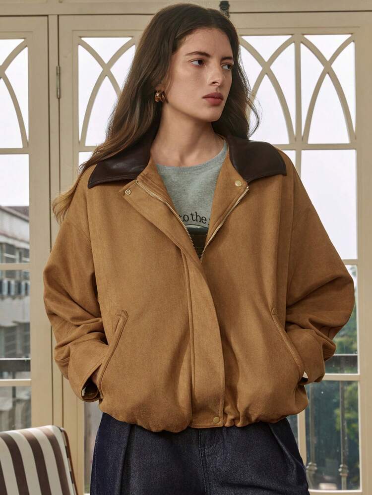 Women's Contrast Color Block Dropped Shoulder Long Sleeve Zip Up Loose Fashion Jacket
