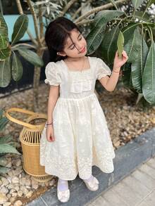 Dazy Kids 女童刺绣装饰连衣裙，年轻女孩秋季服装，返校服装 - 杏色 - 查看 3