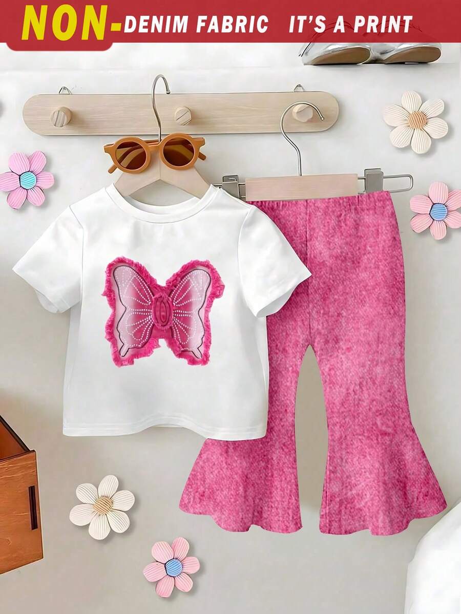 2 件套女婴休闲牛仔外观蝴蝶结印花短袖圆领 T 恤和喇叭裤套装，适合日常穿着，舒适，适合所有季节 - 彩色 - 查看 1