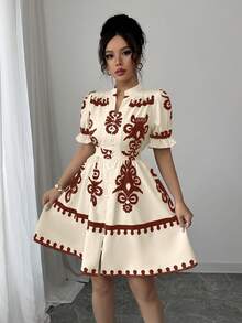 Elenzga Đầm nữ kiểu dáng thường ngày in hoa, cổ chữ V, thắt eo. - Màu Đỏ Sâu - Xem 3