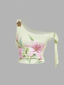 SHEIN MOD Große Größen Gelb Lilie Blumen Muster asymmetrischer Metall Blumen Saum Crop Top, elegantes unausgewogenes Design Bluse, geeignet für Frühling/Sommer Urlaub und Dates - Gelb - Übersicht 6