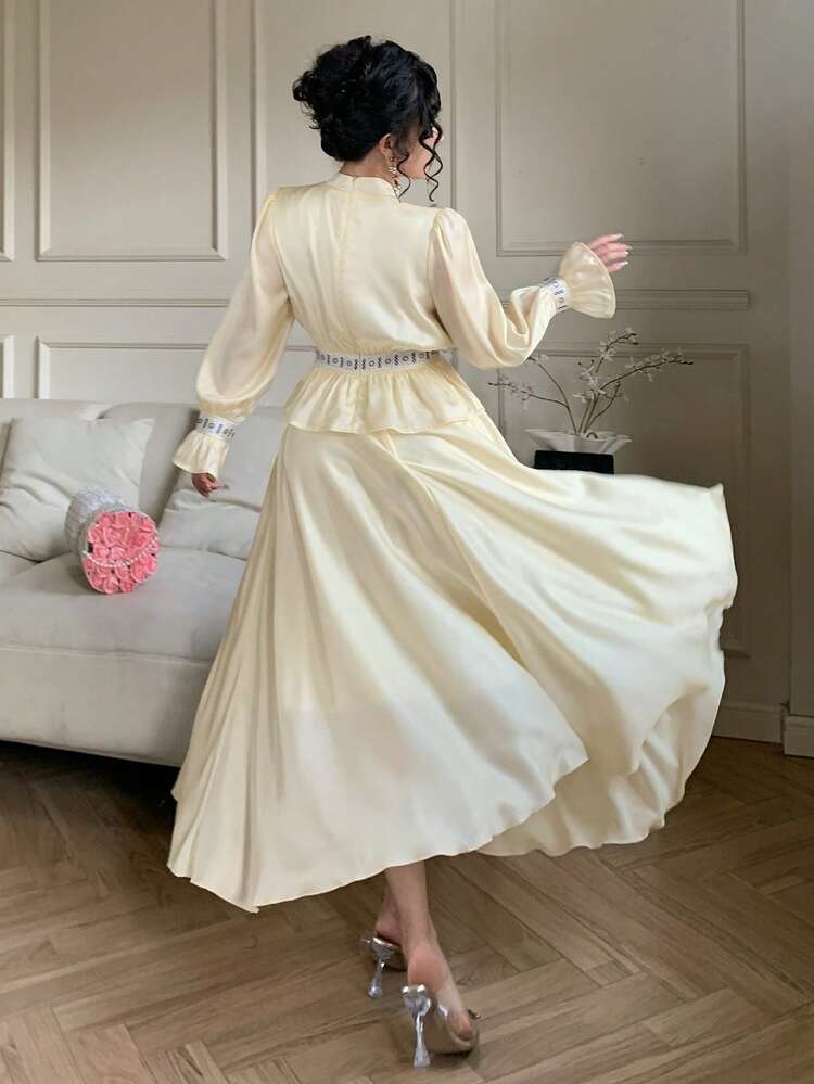 Women's Elegant Mandarin Collar Color Block Patchwork Shirt And Skirt 2 Pieces Set, Spring/Summer,Wedding Guest Dress Women