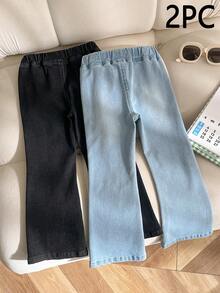 2条装女童牛仔裤，浅蓝色和黑色，带心形图案，适合情人节穿着，款式多样，可爱百搭。 - 彩色 - 查看 2