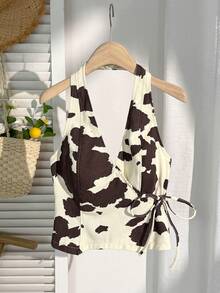 Comfortcana 女士性感西部度假风奶牛纹裹身系带露背牛仔露脐上衣夏季上衣春季女士嘉年华服装女士嘉年华服装海滩派对上衣女士度假夏季假期女士休闲上衣女士休闲牛仔露背系带露背上衣夏季休闲装 - 摩卡棕 - 查看 3