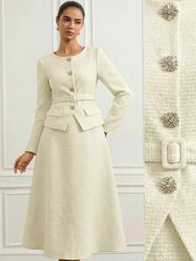 Aveloria Rosie 女士优雅法式长袖单排扣外套和A字中长裙套装，晚礼服 - 米色 - 查看 1