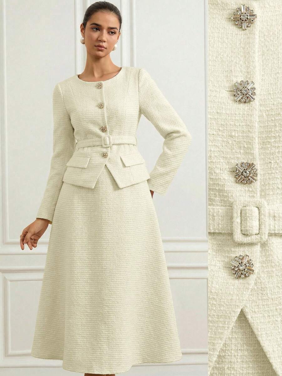 Aveloria Rosie 女士优雅法式长袖单排扣外套和A字中长裙套装，晚礼服 - 米色 - 查看 1