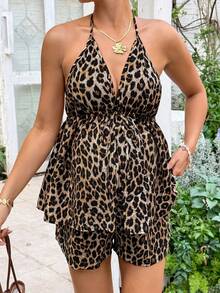 Lyckli Maternity Clothes Nursing Two-Piece Set Spring And Summer Pregnant Clothes Brown Maternity Two-Piece Set With Halter Neck And Leopard Print Shorts, Comfortable And Casual For Vacation - Brown - View 5