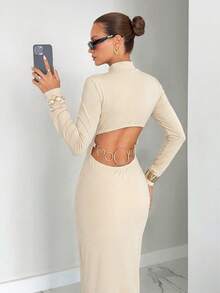 Siren Gaze Women's Solid Color Hollow Back Design Stand Collar Long Sleeve Fitted Dress Spring Party - Apricot - View 4