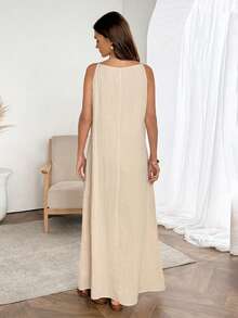 Easowa Solid Textured Knit Keyhole Neckline Sleeveless Dress - Apricot - View 7