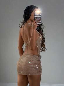 EgrlEra 2pcs Women's Party Outfit, Sexy Sheer Rhinestone Embellished Glittery, Suitable For Holiday Parties, Club Wear