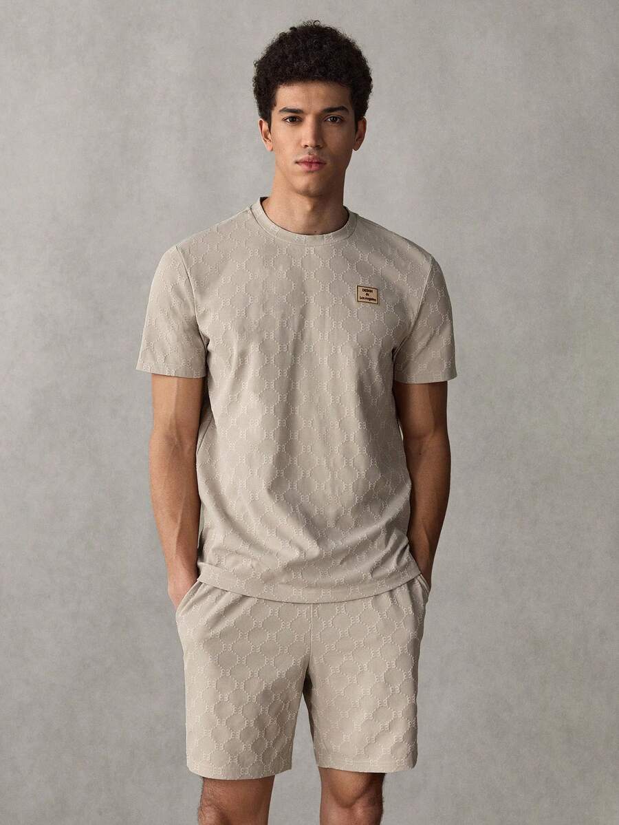 SWAVVY Conjunto de Camiseta e Shorts Casuais de Verão Masculino em Cor Sólida Jacquard - Damasco - Visão 1