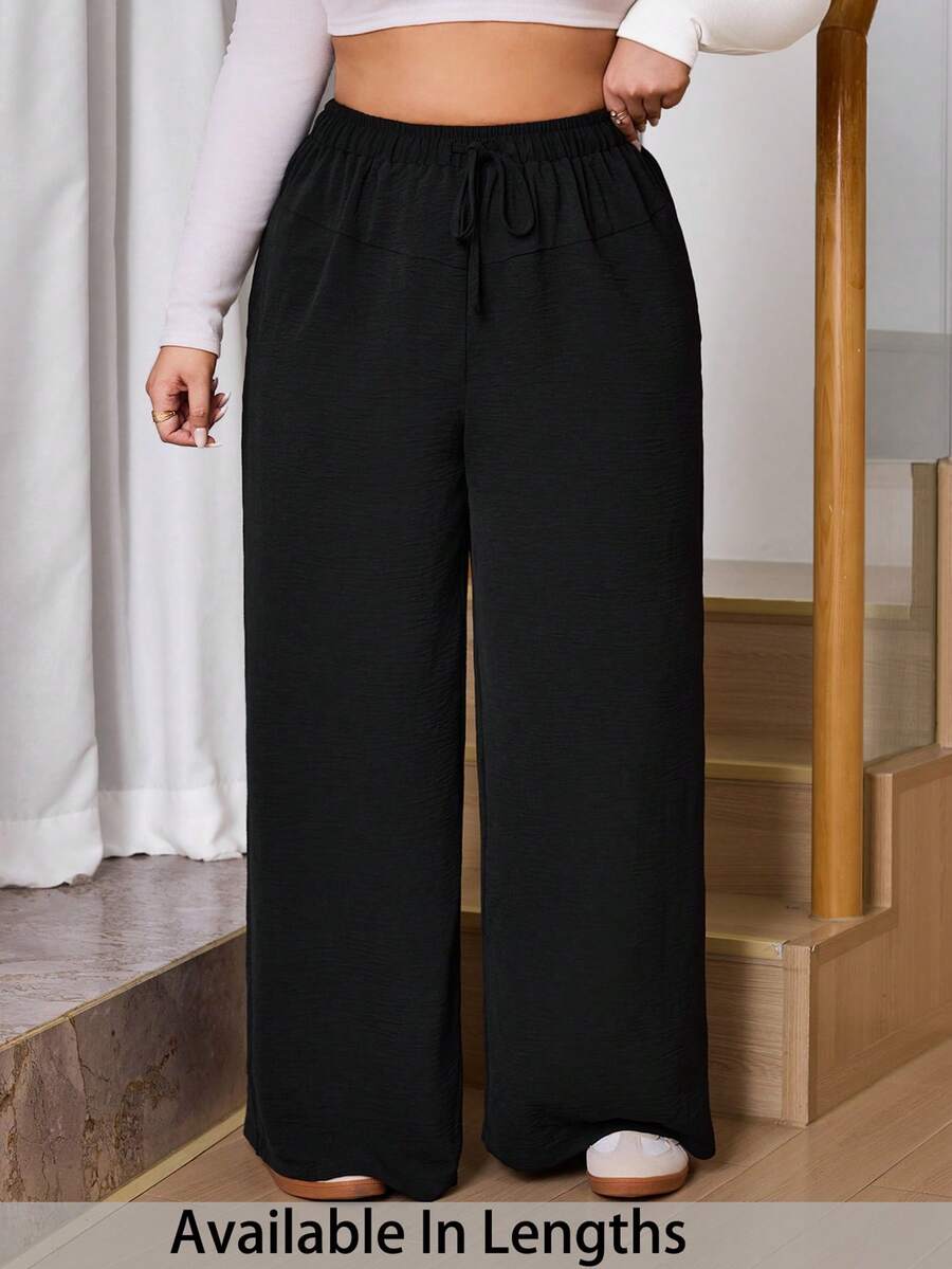 SHEIN Tall CURVE 大码女式纯色系带阔腿宽松休闲裤，弹力腰带抽绳阔腿裤，适合春季穿着，日常通勤、上学、教师、会议、外出、休闲等场合，宽松舒适。 - 黑色 - 查看 1