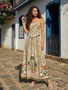 CAJUNI Long A Line Multicolor Boho Skirt With Plants Print - Multicolor - View 6